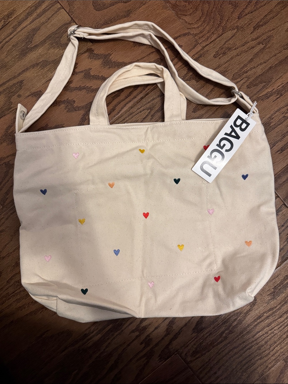 BAGGU Natural Canvas Tote with Rainbow Heart Embroidery